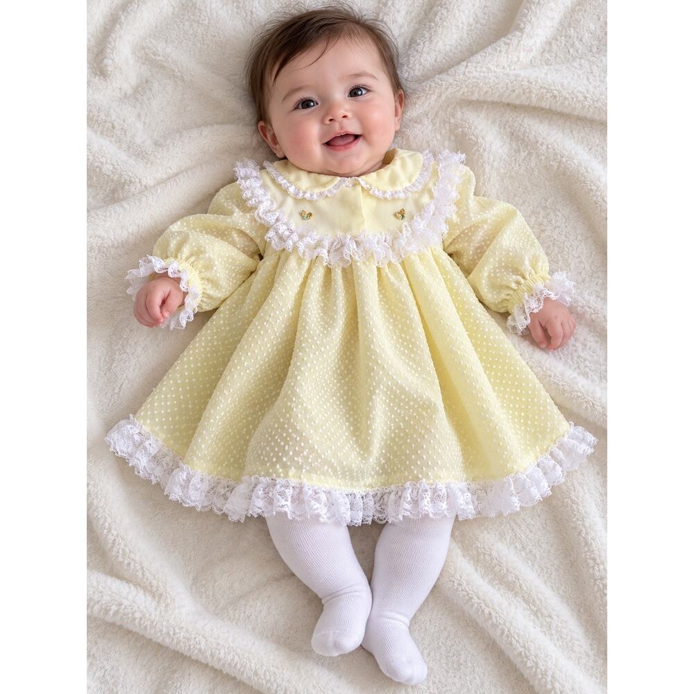 Vintage Baby Girl Yellow Swiss Dot Lace Dress Peter Pan Collar 3–6 Months